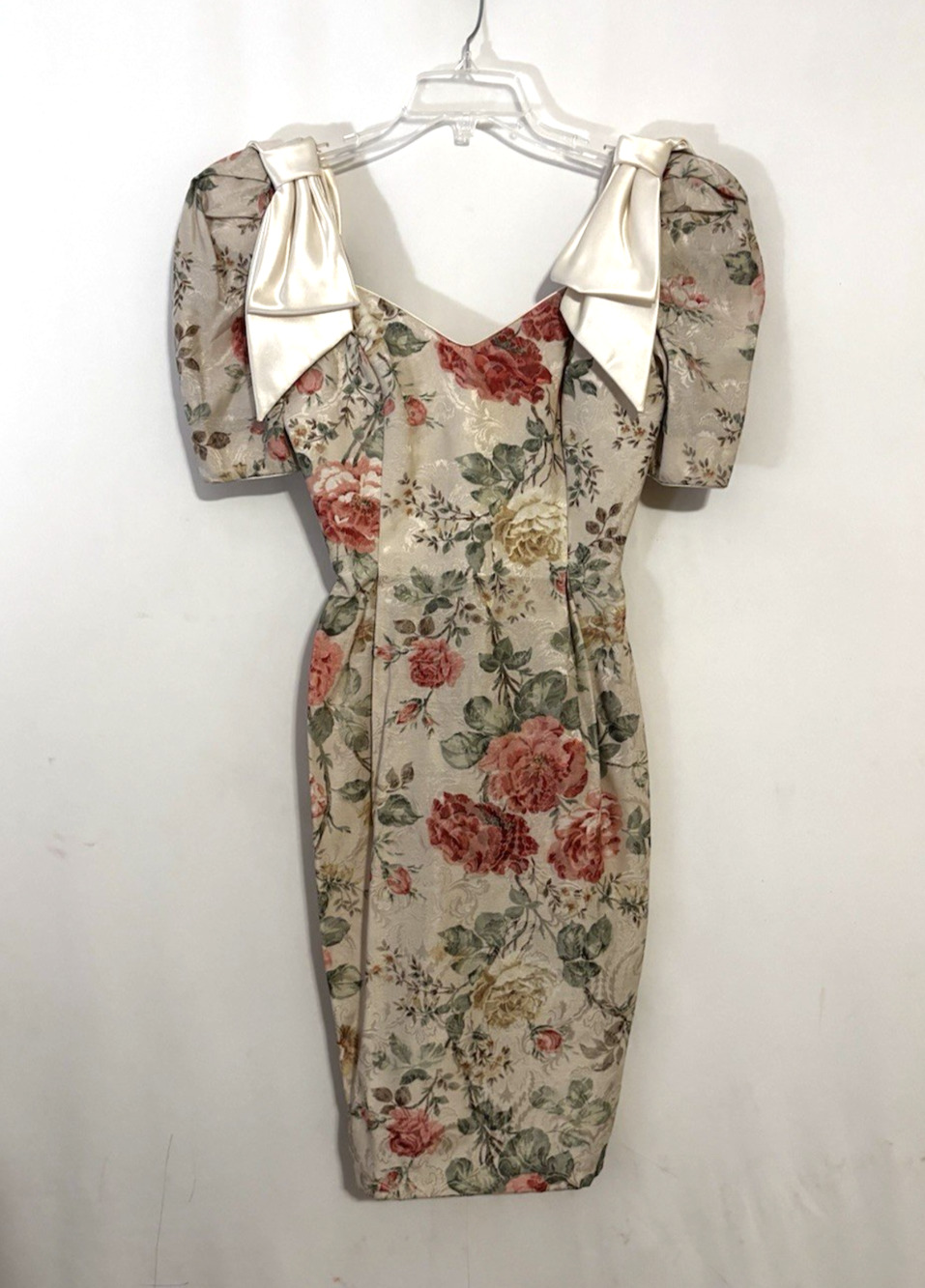 Vintage Midnight Glo Dress 6 Floral 80s Brocade Rosses Puff Sleeve Bows Fitted